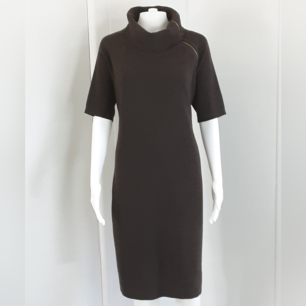 CALVIN KLEIN Brown Asymmetric Zip Cowl Neck Career Knit Sweater Dress Sz XL